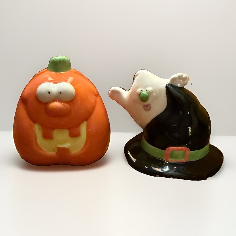 RUSS Vintage Black Cat/Jack-O-Lantern Pumpkin Salt & Pepper Shakers Ceramic